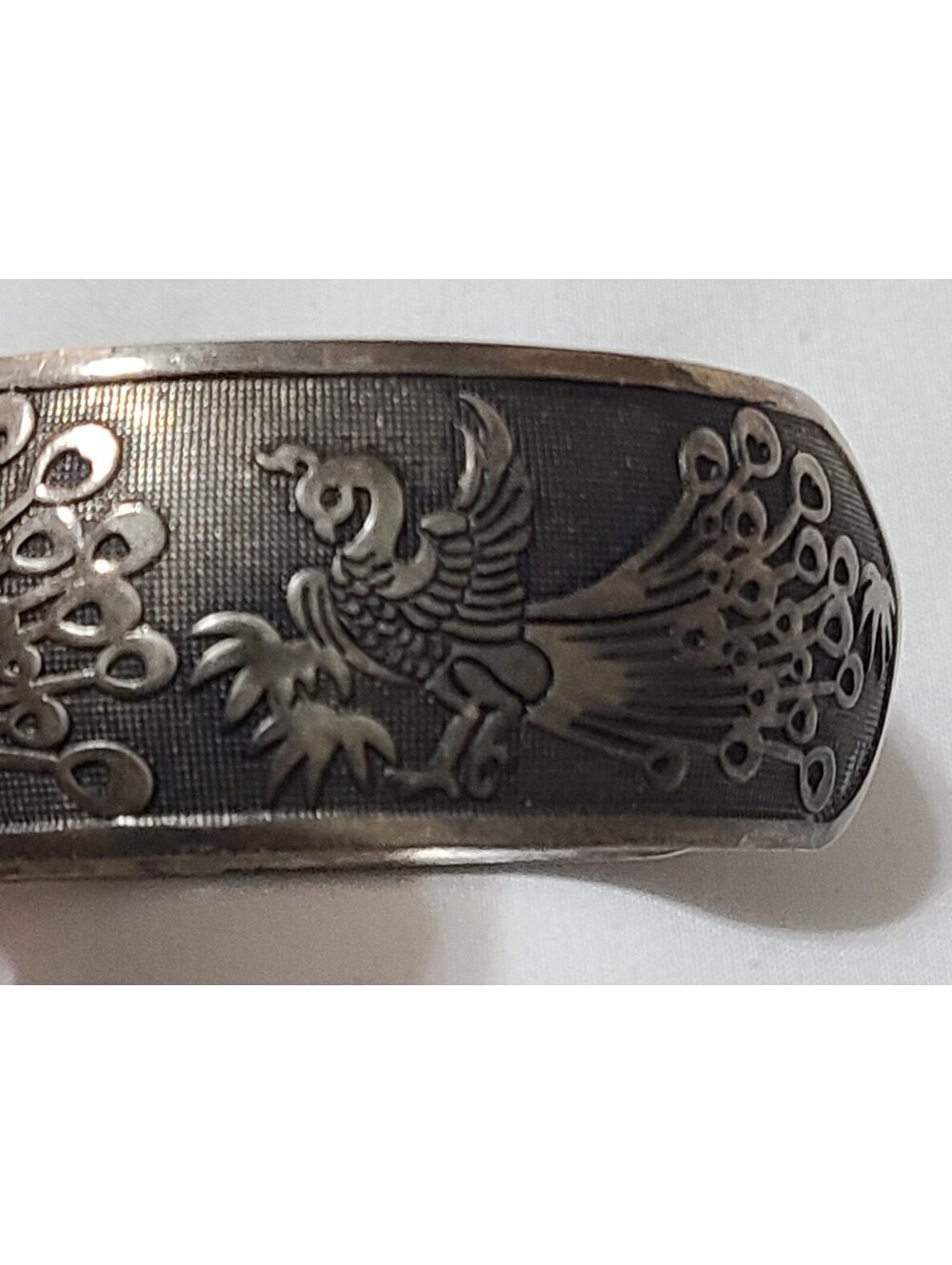 Vtg Chinese Export Silver Tone Peacock & Peony Wide Cuff Bracelet Etched Asian - Picture 5 of 8
